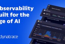Dynatrace impulsa la IA empresarial con operaciones autónomas para resolver incidentes en tiempo real Imagen promocional con fondo azul brillante que incluye el texto en blanco "Observability built for the age of AI" junto al logotipo de Dynatrace, acompañado de una composición de varias ventanas flotantes de la interfaz de la plataforma en modo oscuro mostrando gráficas y métricas.