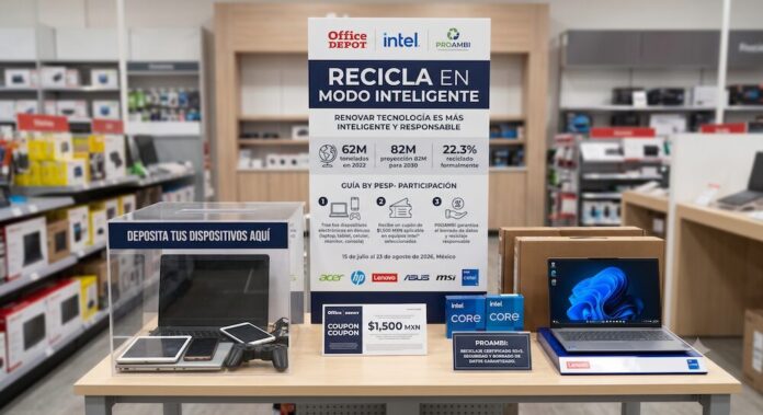 Office Depot, Intel y PROAMBI se unen para lanzar la campaña Recicla en Modo Inteligente en México Fotografía de un módulo de exhibición promocional dentro de una tienda. Al centro, un gran cartel blanco y azul muestra el título