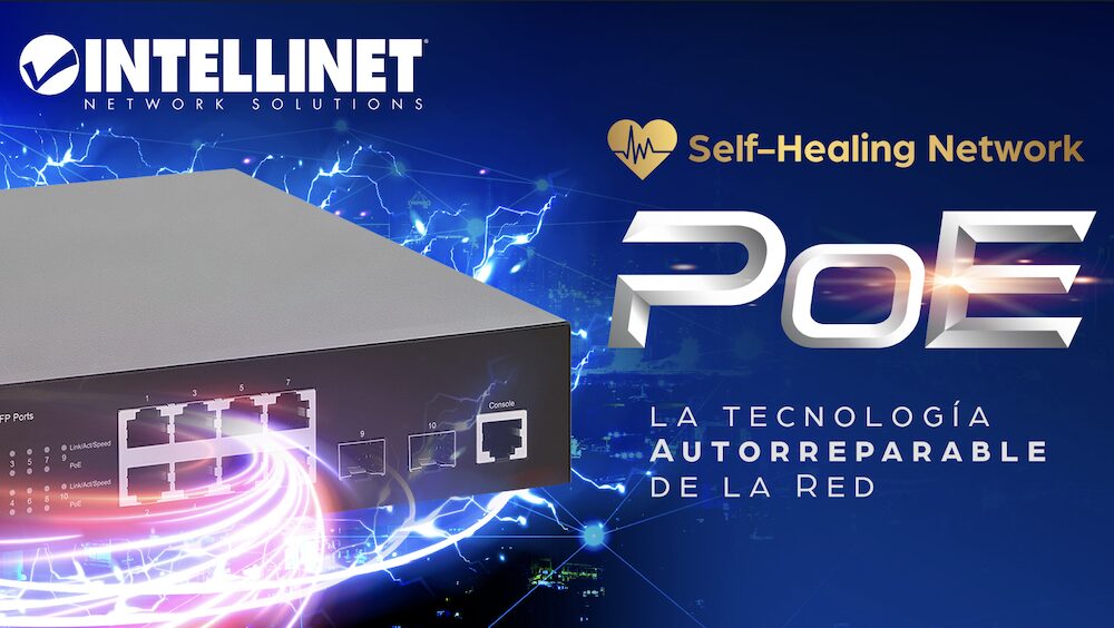 Gráfico publicitario digital sobre un fondo azul brillante con redes de conexiones neuronales e impactos de rayos eléctricos que simulan energía. En la esquina superior izquierda se ubica el logotipo blanco de Intellinet Network Solutions. Al centro, a la izquierda, se muestra en primer plano la esquina de un switch de red administrable con puertos Ethernet numerados y un puerto de consola. A la derecha, un icono de corazón con una línea de pulso eléctrico acompaña al texto dorado "Self-Healing Network", seguido de la palabra "PoE" en grandes letras metálicas plateadas y la frase "LA TECNOLOGÍA AUTORREPARABLE DE LA RED".