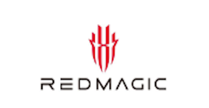 Logotipo oficial de la marca REDMAGIC sobre un fondo blanco. En la parte superior se observa un isotipo simétrico de color rojo con líneas geométricas y afiladas que asemejan una máscara o escudo futurista. Debajo del símbolo, aparece la palabra 