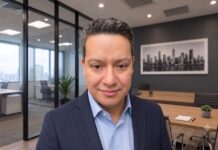 Kensington transforma la ergonomía en el trabajo híbrido con soluciones empresariales Retrato de primer plano de Rodrigo Conde, sonriendo levemente a la cámara, vistiendo una camisa azul clara y un saco oscuro, con una oficina moderna desenfocada en el fondo.