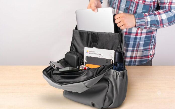 Fotografía de un usuario con camisa de cuadros azules y rojos guardando una computadora portátil plateada en una mochila gris de TechZone. La mochila descansa abierta sobre un escritorio de madera, revelando un interior organizado con libretas (una con el texto 