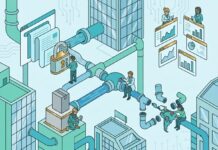 Cinco errores críticos que estancan las campañas de demanda tecnológica B2B Ilustración isométrica de un pipeline o tuberías de marketing tecnológico B2B con un candado que bloquea el contenido, analistas revisando métricas en pantallas y un mapa de América Latina, representando los errores estratégicos en la generación de demanda.