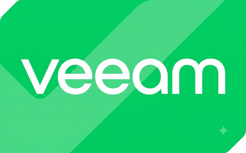 Logotipo oficial de Veeam con letras blancas sobre un fondo de tonos verdes brillantes, con un diseño geométrico diagonal y un detalle de estrella en la esquina inferior derecha.