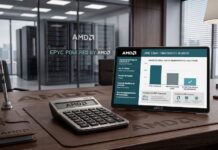 AMD lanza calculadora para optimizar el costo de la IA empresarial Fotografía de un escritorio corporativo que muestra un pad de cuero, una calculadora tradicional, un bolígrafo y un bloc de notas, todos con el logotipo de AMD. En el centro destaca una tableta que exhibe la interfaz de la "AMD Client Tokenomics Calculator" con un gráfico de barras proyectando el costo total de propiedad. Al fondo, detrás de paredes de cristal, se observa una sala de servidores con el texto "AMD EPYC POWERED BY AMD".