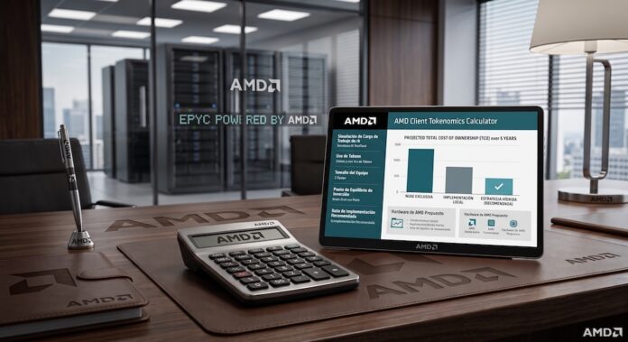 Fotografía de un escritorio corporativo que muestra un pad de cuero, una calculadora tradicional, un bolígrafo y un bloc de notas, todos con el logotipo de AMD. En el centro destaca una tableta que exhibe la interfaz de la 