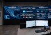 Fortinet y Alestra aceleran la ciberseguridad proactiva con automatización Fotografía del interior de un centro de operaciones de seguridad. En la pared frontal destaca un gran panel de pantallas con los logotipos de Alestra y Fortinet bajo el título "Hub Operacional de Ciberseguridad Avanzada". Los monitores laterales muestran un mapa de conexiones de red en México, gráficas comparativas de activación de VPN y un esquema de ecosistema de seguridad unificado. En primer plano, sobre un escritorio, se observan dos monitores de computadora, un teclado y un teléfono corporativo.