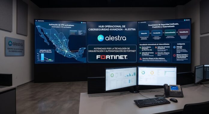 Fotografía del interior de un centro de operaciones de seguridad. En la pared frontal destaca un gran panel de pantallas con los logotipos de Alestra y Fortinet bajo el título 