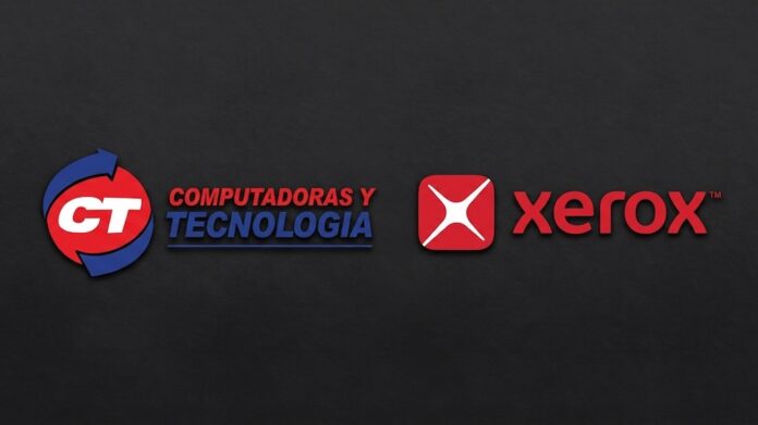 Alianza estratégica para transformar la gestión documental en México Composición gráfica sobre un fondo gris oscuro texturizado que exhibe, uno junto al otro, los logotipos corporativos tridimensionales de CT Computadoras y Tecnología y de Xerox.