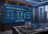 Kaseya impulsa la ciberresiliencia como el nuevo estándar frente al ransomware Fotografía de una moderna sala de juntas corporativa. En la pared principal, una gran pantalla muestra una presentación gráfica con el logotipo de Kaseya enfocada en una estrategia de ciberresiliencia conformada por tres pilares: detección temprana, respaldos limpios y recuperación rápida. Sobre la mesa central se encuentra una computadora portátil que refleja el mismo tablero interactivo, junto a libretas y botellas de agua con la marca de la empresa. A través del ventanal de la derecha se aprecia un paisaje urbano con rascacielos al atardecer.