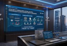 Kaseya impulsa la ciberresiliencia como el nuevo estándar frente al ransomware Fotografía de una moderna sala de juntas corporativa. En la pared principal, una gran pantalla muestra una presentación gráfica con el logotipo de Kaseya enfocada en una estrategia de ciberresiliencia conformada por tres pilares: detección temprana, respaldos limpios y recuperación rápida. Sobre la mesa central se encuentra una computadora portátil que refleja el mismo tablero interactivo, junto a libretas y botellas de agua con la marca de la empresa. A través del ventanal de la derecha se aprecia un paisaje urbano con rascacielos al atardecer.