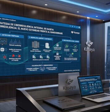 Kaseya impulsa la ciberresiliencia como el nuevo estándar frente al ransomware Fotografía de una moderna sala de juntas corporativa. En la pared principal, una gran pantalla muestra una presentación gráfica con el logotipo de Kaseya enfocada en una estrategia de ciberresiliencia conformada por tres pilares: detección temprana, respaldos limpios y recuperación rápida. Sobre la mesa central se encuentra una computadora portátil que refleja el mismo tablero interactivo, junto a libretas y botellas de agua con la marca de la empresa. A través del ventanal de la derecha se aprecia un paisaje urbano con rascacielos al atardecer.