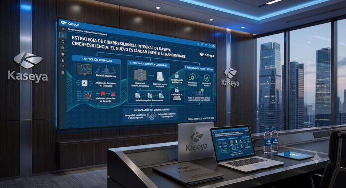 Fotografía de una moderna sala de juntas corporativa. En la pared principal, una gran pantalla muestra una presentación gráfica con el logotipo de Kaseya enfocada en una estrategia de ciberresiliencia conformada por tres pilares: detección temprana, respaldos limpios y recuperación rápida. Sobre la mesa central se encuentra una computadora portátil que refleja el mismo tablero interactivo, junto a libretas y botellas de agua con la marca de la empresa. A través del ventanal de la derecha se aprecia un paisaje urbano con rascacielos al atardecer.