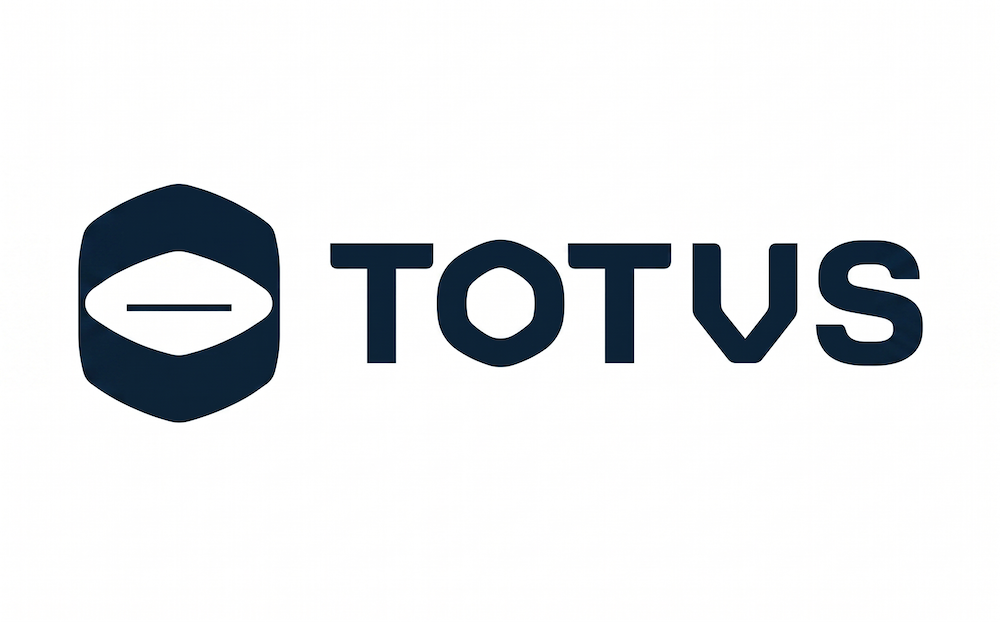 Logotipo oficial de la empresa TOTVS, compuesto por un símbolo hexagonal seguido del nombre de la marca en letras mayúsculas oscuras sobre un fondo blanco.