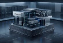 Databricks fortalece su Security Lakehouse tras adquirir Panther para modernizar los SOC con IA Representación 3D de una arquitectura de servidores en un centro de datos. En el centro, una estructura modular metálica muestra los logotipos de Databricks y Panther interconectados por líneas de luz azul. La base de este bloque lleva el nombre Lakewatch y exhibe grabados de los estándares OCSF, Delta, Parquet y SQL. En el suelo del entramado, diversas líneas de flujo de datos convergen hacia el centro acompañadas por las palabras Seguridad, TI y Negocio.