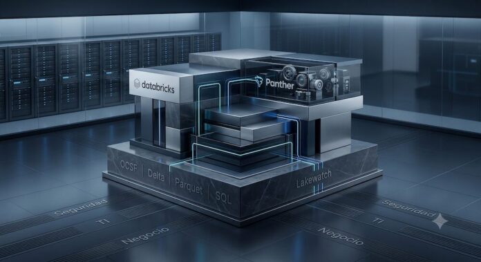 Representación 3D de una arquitectura de servidores en un centro de datos. En el centro, una estructura modular metálica muestra los logotipos de Databricks y Panther interconectados por líneas de luz azul. La base de este bloque lleva el nombre Lakewatch y exhibe grabados de los estándares OCSF, Delta, Parquet y SQL. En el suelo del entramado, diversas líneas de flujo de datos convergen hacia el centro acompañadas por las palabras Seguridad, TI y Negocio.