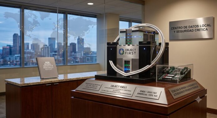 El almacenamiento inmutable impulsa el crecimiento histórico de Object First en 2026 Fotografía de una exhibición corporativa ubicada en una oficina moderna. En el centro, sobre una base de madera, destaca un servidor diseñado con la forma de un castillo fortificado que lleva el logotipo de Object First. En la parte inferior, varias placas de metal grabadas muestran estadísticas financieras. De fondo, a través de un ventanal con un mapa del mundo punteado impreso en el cristal, se observa el horizonte de una ciudad al atardecer.
