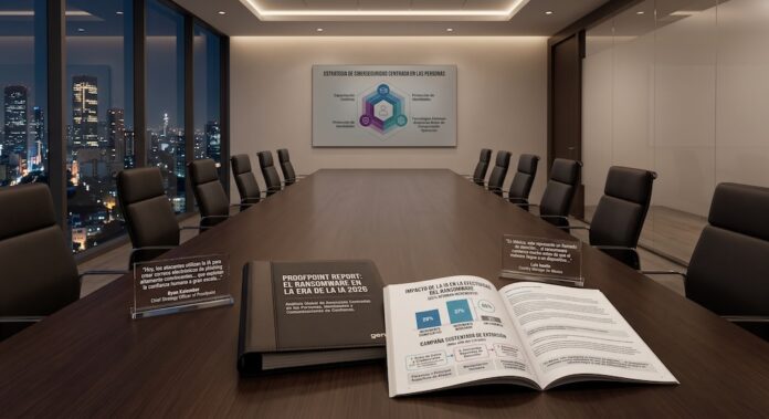 Fotografía de una sala de juntas donde se exhibe sobre la mesa el Reporte sobre Ransomware en la Era de la IA 2026. El documento impreso y abierto detalla métricas sobre el incremento en la efectividad de las amenazas, acompañado de placas de acrílico con citas de ejecutivos y una pantalla al fondo que ilustra una estrategia de ciberseguridad centrada en las personas.
