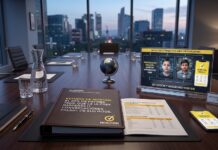 Norton alerta: 83% de los padres en México teme el uso de IA para crear contenido falso sobre sus hijos Fotografía de una elegante sala de juntas con vista panorámica a la ciudad al atardecer. Sobre la mesa de madera se encuentra un reporte impreso con el logotipo de Norton que destaca en su portada: "El 83% de padres teme que la IA cree imágenes o conversaciones falsas de sus hijos". A la derecha, hay un teléfono inteligente y un panel de acrílico transparente que muestra una infografía sobre protección infantil, reconocimiento facial y detección de seguridad.