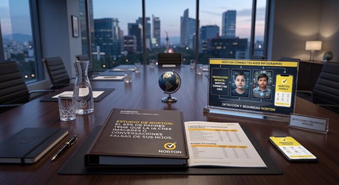 El nuevo desafío de la crianza digital frente a la Inteligencia Artificial Fotografía de una elegante sala de juntas con vista panorámica a la ciudad al atardecer. Sobre la mesa de madera se encuentra un reporte impreso con el logotipo de Norton que destaca en su portada: