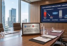 Licencias Online y Qualys aceleran la ciberseguridad con IA y remediación autónoma Sala de juntas corporativa con una placa sobre la mesa que anuncia la alianza entre Licencias OnLine y Qualys, junto a una pantalla de presentación que proyecta gráficos de la plataforma Enterprise TruRisk.