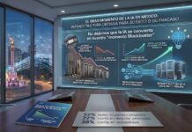 Cisco advierte que la infraestructura será decisiva para el éxito de la IA en México Fotografía de una sala de juntas moderna con un gran ventanal que muestra el Ángel de la Independencia en la Ciudad de México. En la pared principal, una pantalla digital holográfica exhibe una presentación titulada "El gran momento de la IA en México", la cual contrasta el riesgo del "momento Blockbuster" causado por sistemas obsoletos, frente a una "nueva era de competitividad" impulsada por redes de alta capacidad. Sobre la mesa de la sala se encuentran impresas estadísticas clave sobre el Índice de Preparación para la IA de Cisco.