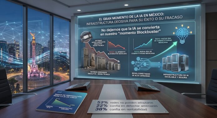 Evitar el momento Blockbuster. El reto de la infraestructura para la Inteligencia Artificial en México Fotografía de una sala de juntas moderna con un gran ventanal que muestra el Ángel de la Independencia en la Ciudad de México. En la pared principal, una pantalla digital holográfica exhibe una presentación titulada