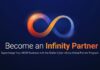 Stellar Cyber fortalece su ecosistema de servicios con sus primeros Infinity Delivery Partners Imagen digital con fondo azul oscuro que destaca en el centro un símbolo de infinito tridimensional con un degradado de colores cálidos (naranja y rojo) a fríos (azul). Debajo del símbolo se encuentra el texto principal "Become an Infinity Partner", seguido del subtítulo "Supercharge Your MSSP Business with the Stellar Cyber Infinity Global Partner Program."