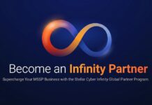 Stellar Cyber fortalece su ecosistema de servicios con sus primeros Infinity Delivery Partners Imagen digital con fondo azul oscuro que destaca en el centro un símbolo de infinito tridimensional con un degradado de colores cálidos (naranja y rojo) a fríos (azul). Debajo del símbolo se encuentra el texto principal "Become an Infinity Partner", seguido del subtítulo "Supercharge Your MSSP Business with the Stellar Cyber Infinity Global Partner Program."