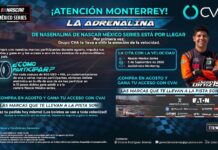 Grupo CVA impulsa el talento mexicano en la NASCAR México Series Póster promocional de Grupo CVA con el encabezado "¡Atención Monterrey! La adrenalina de NASCAR México Series está por llegar". El diseño, con un fondo que simula una pista de carreras, muestra al piloto Diego Ortiz sonriendo con su traje de competencia. Incluye las bases para participar en el sorteo de pases dobles mediante compras acumulables, los detalles del evento para el 5 de septiembre de 2026 en el Autódromo Monterrey, y los logotipos de patrocinadores clave como Eaton, Perfect Choice, Microsoft, Dell y Lenovo.