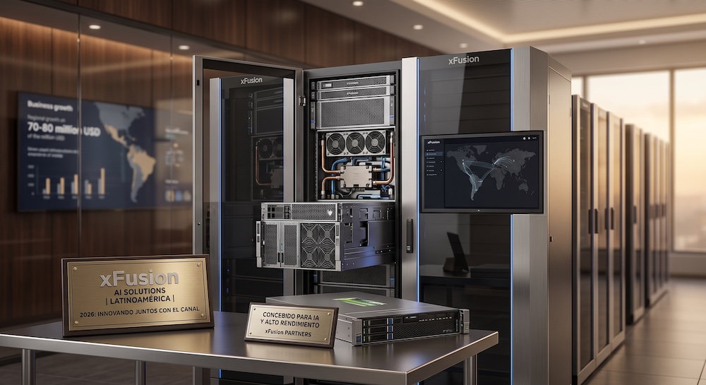 Soluciones de IA para empresas: Representación digital de una sala de servidores empresariales de alto rendimiento de la marca xFusion, destacando un rack abierto que muestra componentes internos de refrigeración y una pantalla interactiva de gestión global, junto a placas doradas de reconocimiento sobre una mesa.