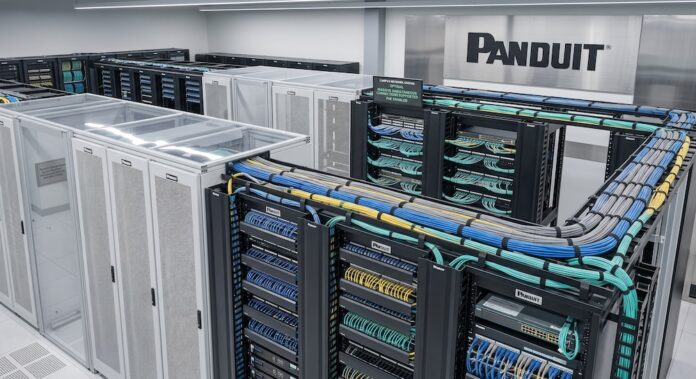 Fotografía de un cuarto de telecomunicaciones moderno e iluminado que muestra múltiples racks y gabinetes de la marca Panduit. Destacan gruesos mazos de cables de red en colores azul, amarillo y verde, los cuales están peinados y organizados de manera impecable sobre bandejas horizontales. A la izquierda se aprecian pasillos contenidos con techos transparentes, y al fondo resalta un gran logotipo negro de Panduit montado sobre un panel de acabado metálico.