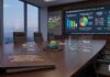 Netscout: La IA avanza, pero la confianza sigue siendo el gran reto de TI Sala de reuniones corporativa donde una gran pantalla proyecta gráficas del estudio de NETSCOUT en Cisco Live 2026 sobre la adopción de IA. Sobre la mesa principal se observan un reporte impreso, displays acrílicos que ilustran la "brecha de confianza" operativa y una credencial oficial del evento.