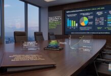 Netscout: La IA avanza, pero la confianza sigue siendo el gran reto de TI Sala de reuniones corporativa donde una gran pantalla proyecta gráficas del estudio de NETSCOUT en Cisco Live 2026 sobre la adopción de IA. Sobre la mesa principal se observan un reporte impreso, displays acrílicos que ilustran la "brecha de confianza" operativa y una credencial oficial del evento.