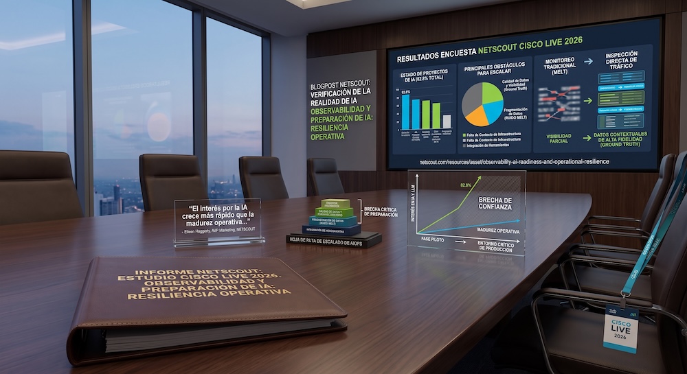 La brecha operativa. El verdadero desafío para escalar la IA Sala de reuniones corporativa donde una gran pantalla proyecta gráficas del estudio de NETSCOUT en Cisco Live 2026 sobre la adopción de IA. Sobre la mesa principal se observan un reporte impreso, displays acrílicos que ilustran la