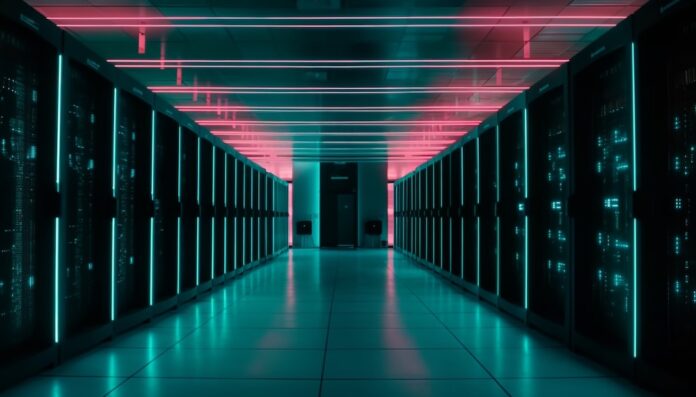 Pasillo simétrico de un centro de datos moderno con filas de servidores oscuros a ambos lados, resaltados por franjas de luz LED cian en los gabinetes y tubos de iluminación de neón rosa en el techo.