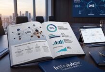 Infoblox revela cómo la IA impulsa ecosistemas criminales detrás del cibercrimen moderno Fotografía de un informe impreso abierto sobre una mesa de juntas, titulado "2026 Threat Landscape Report", junto a cuadernos de la marca Infoblox Threat Intel y una tableta digital. Las páginas del reporte muestran infografías, esquemas de conexiones DNS y gráficos estadísticos que ilustran datos como "25% dominios de alto riesgo", "44% efímeros" y un aumento del 62% en estafas. De fondo, a través del ventanal de la oficina, se observa la silueta de una ciudad al atardecer.