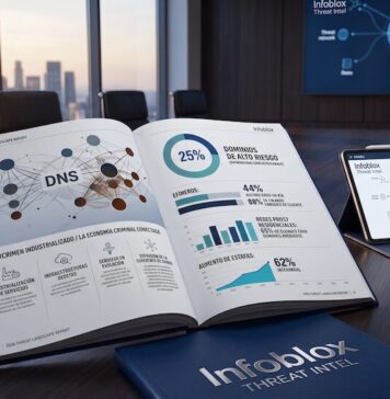 Infoblox revela cómo la IA impulsa ecosistemas criminales detrás del cibercrimen moderno Fotografía de un informe impreso abierto sobre una mesa de juntas, titulado "2026 Threat Landscape Report", junto a cuadernos de la marca Infoblox Threat Intel y una tableta digital. Las páginas del reporte muestran infografías, esquemas de conexiones DNS y gráficos estadísticos que ilustran datos como "25% dominios de alto riesgo", "44% efímeros" y un aumento del 62% en estafas. De fondo, a través del ventanal de la oficina, se observa la silueta de una ciudad al atardecer.