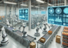 Vertiv impulsa la infraestructura para alimentar y enfriar la fábrica de IA Ilustración de una fábrica automatizada con brazos robóticos trabajando en líneas de ensamblaje y grandes pantallas holográficas flotantes que muestran gráficos y datos analíticos.
