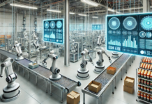 Vertiv impulsa la infraestructura para alimentar y enfriar la fábrica de IA Ilustración de una fábrica automatizada con brazos robóticos trabajando en líneas de ensamblaje y grandes pantallas holográficas flotantes que muestran gráficos y datos analíticos.