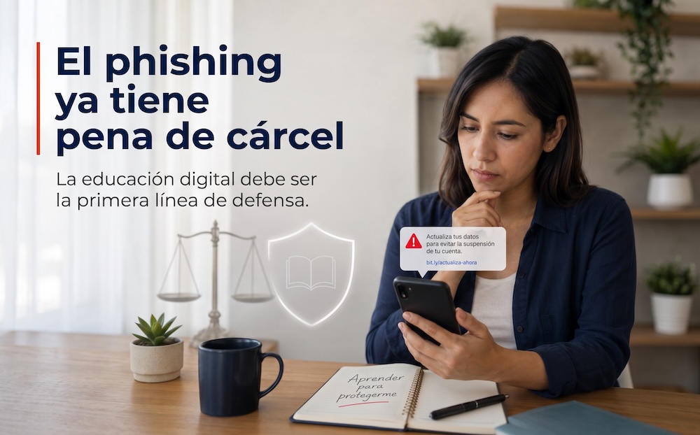 Composición gráfica que muestra a una mujer mirando su celular con expresión de duda frente a un mensaje de texto emergente que simula una alerta de suspensión de cuenta e incluye un enlace sospechoso. La imagen contiene una balanza legal en el fondo, un ícono de un escudo con un libro, una libreta con la nota manuscrita "Aprender para protegerme" y el texto principal: "El phishing ya tiene pena de cárcel. La educación digital debe ser la primera línea de defensa."