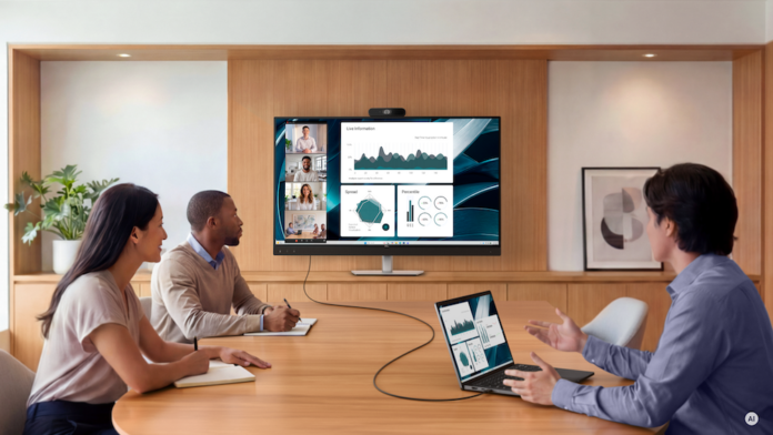 Fotografía de tres profesionales en una sala de reuniones pequeña, participando en una videoconferencia a través de un monitor Dell de gran tamaño montado en una estructura de madera. La pantalla, conectada a una computadora portátil sobre la mesa mediante un único cable negro, está dividida mostrando a cuatro participantes remotos en el lado izquierdo y un panel con gráficos de datos en el derecho.