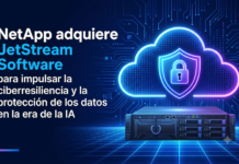 NetApp fortalece la ciberresiliencia empresarial con la adquisición de JetStream Software Composición gráfica digital sobre un fondo azul oscuro con líneas que simulan circuitos electrónicos. En el lado derecho, resalta el contorno brillante en tonos neón de una nube que contiene un escudo con un candado cerrado, flotando por encima de un servidor físico. En la parte izquierda, aparece el texto en color blanco y azul: "NetApp adquiere JetStream Software para impulsar la ciberresiliencia y la protección de los datos en la era de la IA".