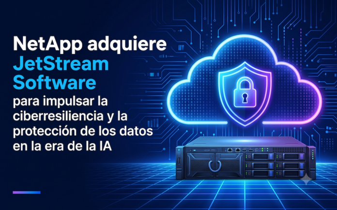 NetApp adquiere JetStream Software para proteger entornos VMware y modernizar la infraestructura Composición gráfica digital sobre un fondo azul oscuro con líneas que simulan circuitos electrónicos. En el lado derecho, resalta el contorno brillante en tonos neón de una nube que contiene un escudo con un candado cerrado, flotando por encima de un servidor físico. En la parte izquierda, aparece el texto en color blanco y azul: