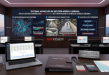 Hikvision combina radar y video para anticipar inundaciones Render de un moderno centro de monitoreo. Al fondo, una pantalla gigante ilustra el "Sistema Avanzado de Gestión Hídrica Urbana" de Hikvision con gráficos de detección de radar, visualización de canales y un flujo de prevención. En primer plano, sobre un escritorio de madera, hay una computadora portátil, un gafete corporativo y un letrero con una cita de Xavier Arroyo.