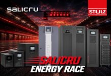 Salicru busca nuevos canales para impulsar soluciones de protección y gestión de energía Composición gráfica que muestra una serie de equipos y sistemas de respaldo de energía alineados sobre una pista de carreras bajo un cielo rojizo al atardecer. En la imagen destacan los logotipos de Salicru y Stulz, acompañados del texto promocional "SALICRU ENERGY RACE" en la parte inferior.