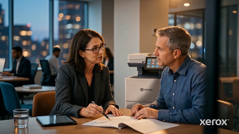 Dos profesionales, una mujer con anteojos y un hombre, conversando y analizando un documento sobre una mesa en una sala de juntas moderna. Detrás de ellos, iluminada sutilmente, se encuentra una impresora multifuncional Xerox.