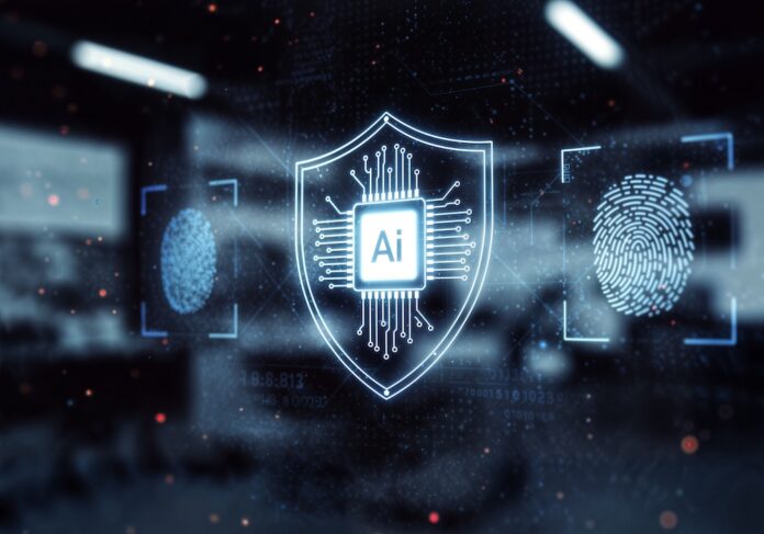 Ilustración digital de un escudo holográfico luminoso con un microchip y las letras 
