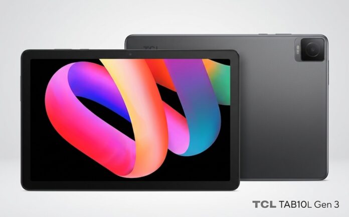 Composición visual que muestra dos tablets TCL TAB 10L Gen 3 sobre un fondo gris claro. La unidad en primer plano tiene la pantalla encendida mostrando un gráfico abstracto de cintas en colores vibrantes como rosa, naranja y azul. Detrás de ella, otra tableta exhibe su panel posterior en color gris oscuro mate y el módulo de la cámara trasera.