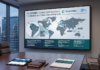 TD SYNNEX amplía distribución de IBM y fortalece oportunidades para el canal Fotografía de una sala de juntas moderna. En la pared, una gran pantalla muestra un mapa mundial con puntos brillantes y el título "TD SYNNEX Expands IBM Solutions Distribution to 20 New Global Markets". El mapa destaca un acercamiento a Sudamérica señalando Paraguay, Perú, Uruguay y Venezuela, y otro punto en Malasia. Debajo, un panel informativo detalla los pilares de la "Select Blue Strategic Initiative" e incluye citas de ejecutivos. Sobre la mesa de madera hay una tableta, una libreta y un reporte impreso.